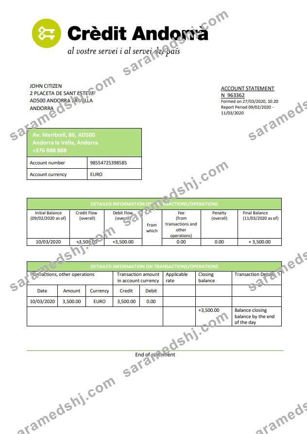 Andorra Credit Andorra bank statement